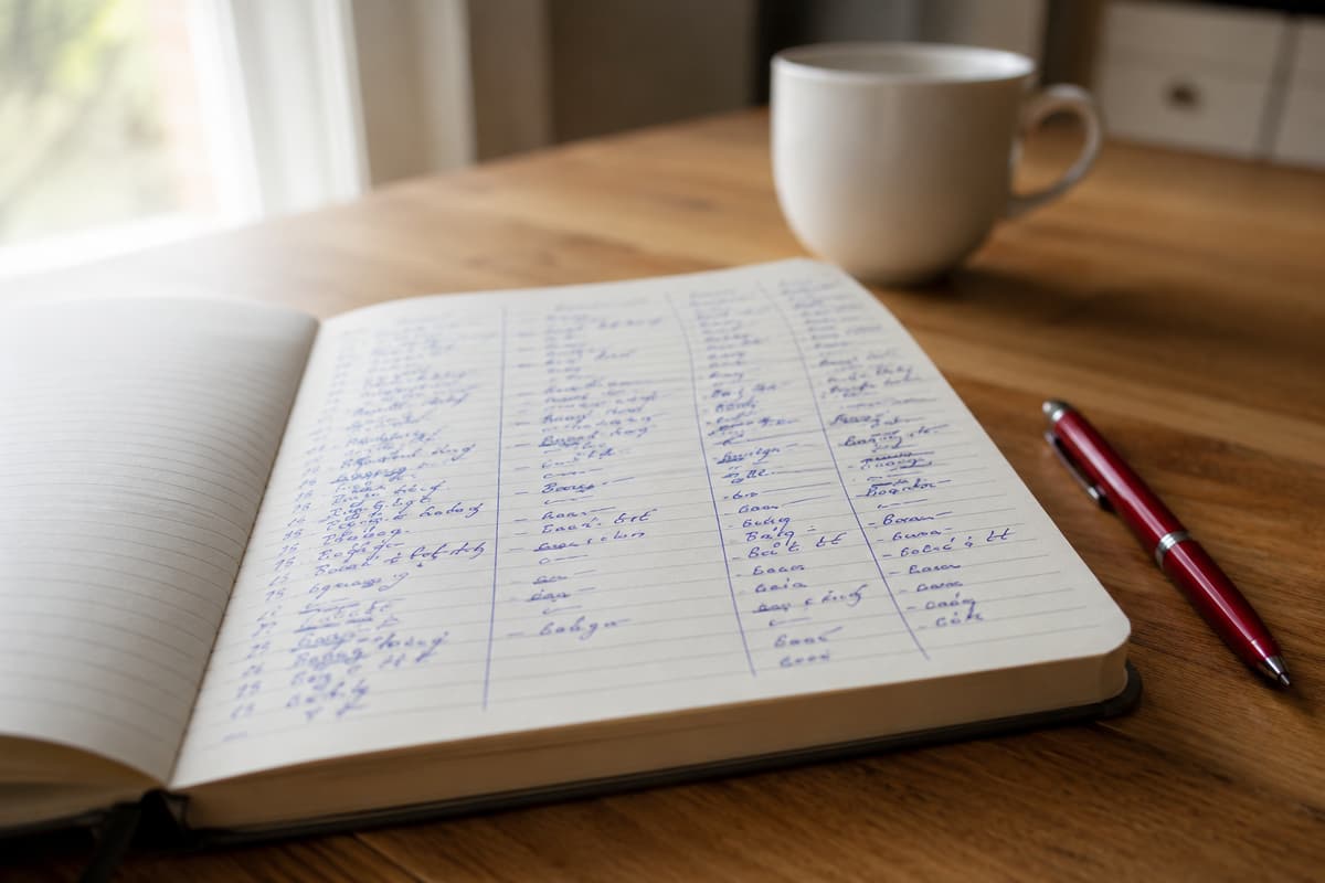 A lined notebook open on a kitchen table with a handwritten daily log and a red pen beside it
