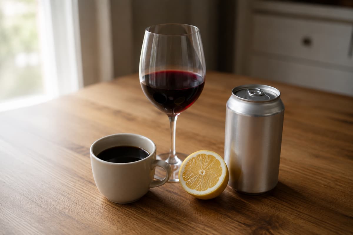Coffee, red wine, half a lemon and a can of sparkling water grouped on a kitchen table